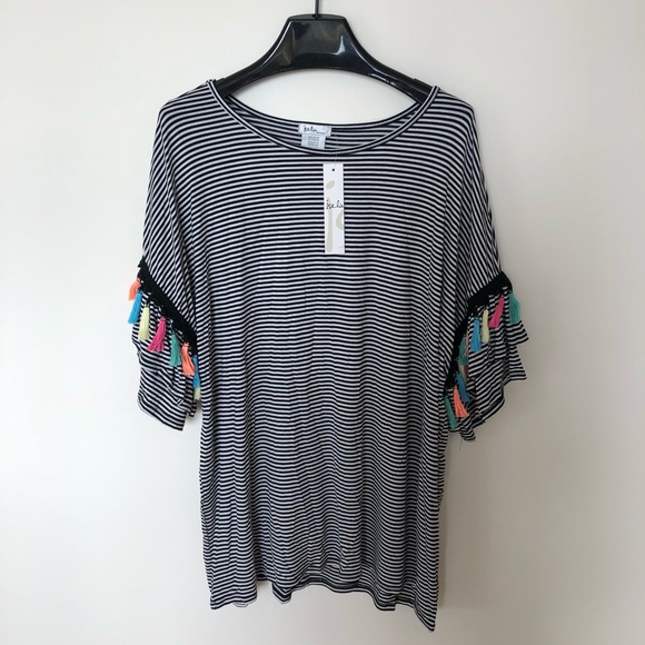 Isela Tops - Isela Black and White Stripped Pom Pom Top